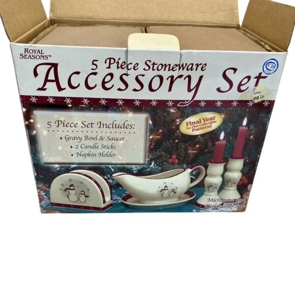 Royal Seasons 5 Piece Stoneware Gravy Bowl Saucer Candle Sticks Christmas Table